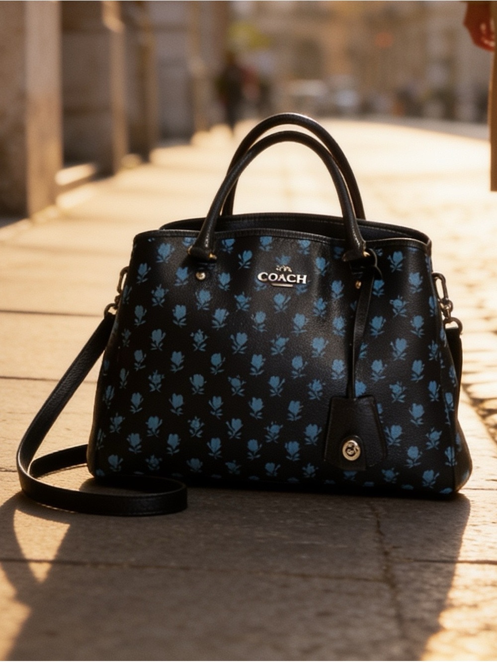 Coach midnight blue Satchel with Blue California poppies in beautiful condition